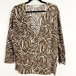 Jones New York Brown Cream Printed V-Neck Cardigan